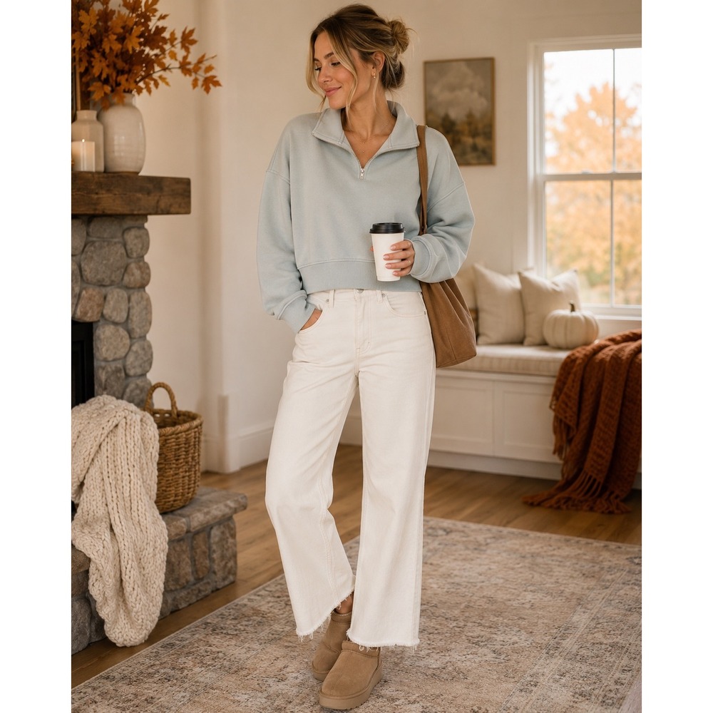 Outdoor Voices QuarterZip Wn Med Sage Organic Cotton Cropped Preppy Sweatshirt